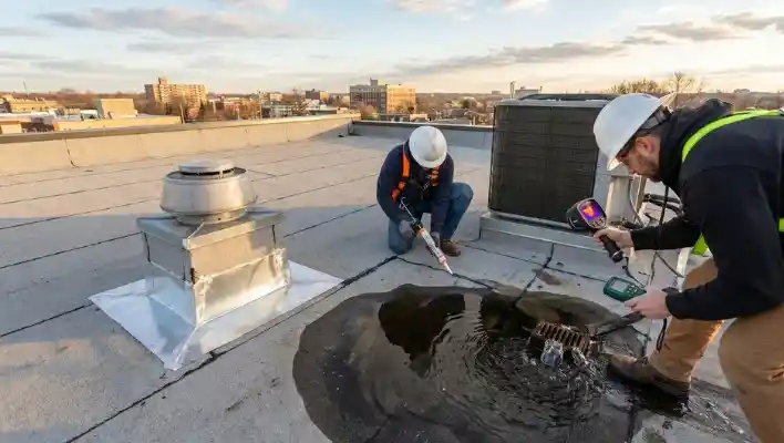 Technicians resealing seams and clearing a roof drain during a maintenance visit