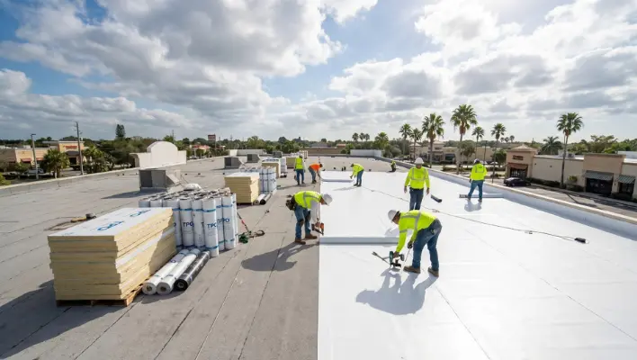 Crew repairing a white TPO membrane on a flat commercial roof in Tampa