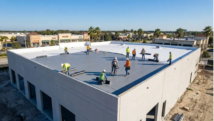 Crew installing a new commercial roof system on a new building