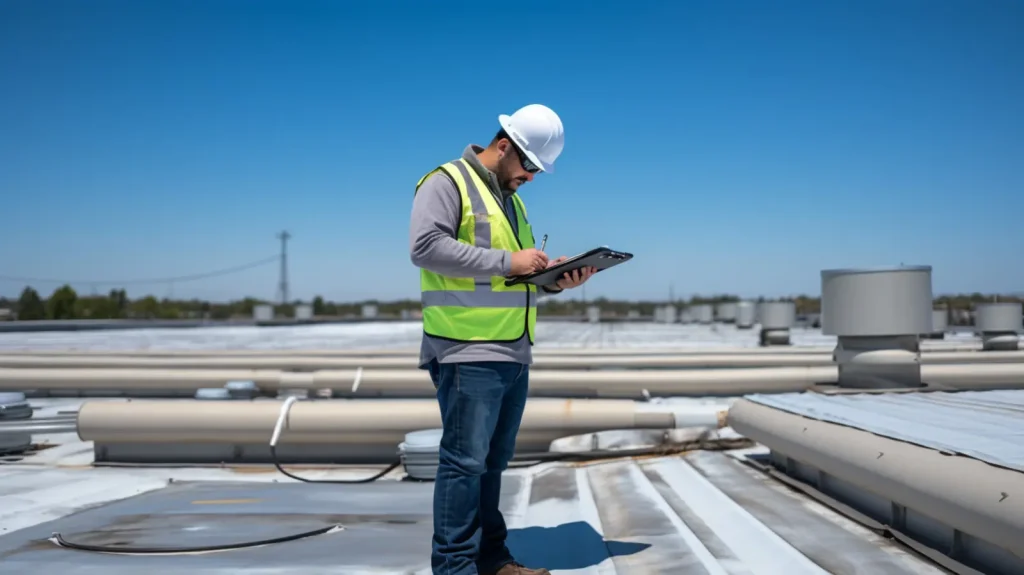 Commercial roof inspection in Tampa FL with workers checking roof condition and damage