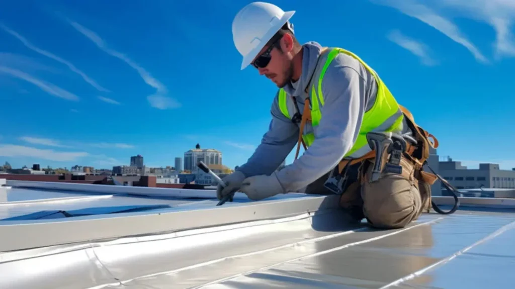 Commercial roof replacement in Tampa FL with workers installing new roofing system