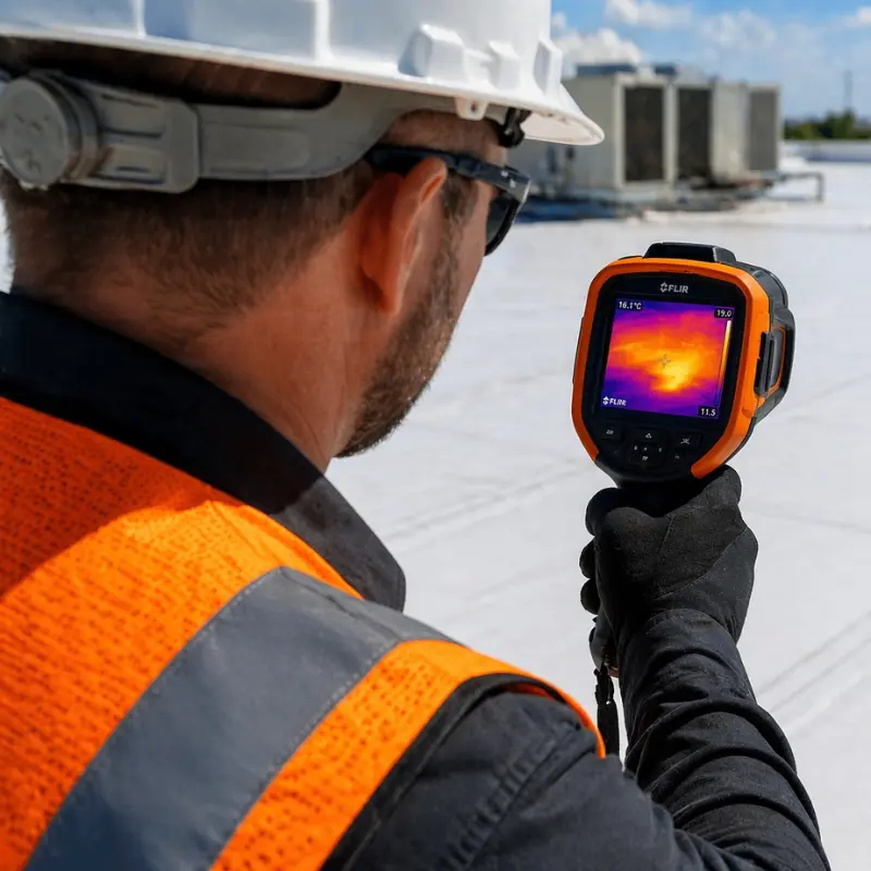 Commercial roof inspection in St. Petersburg FL checking roof condition for leaks and damage on commercial building