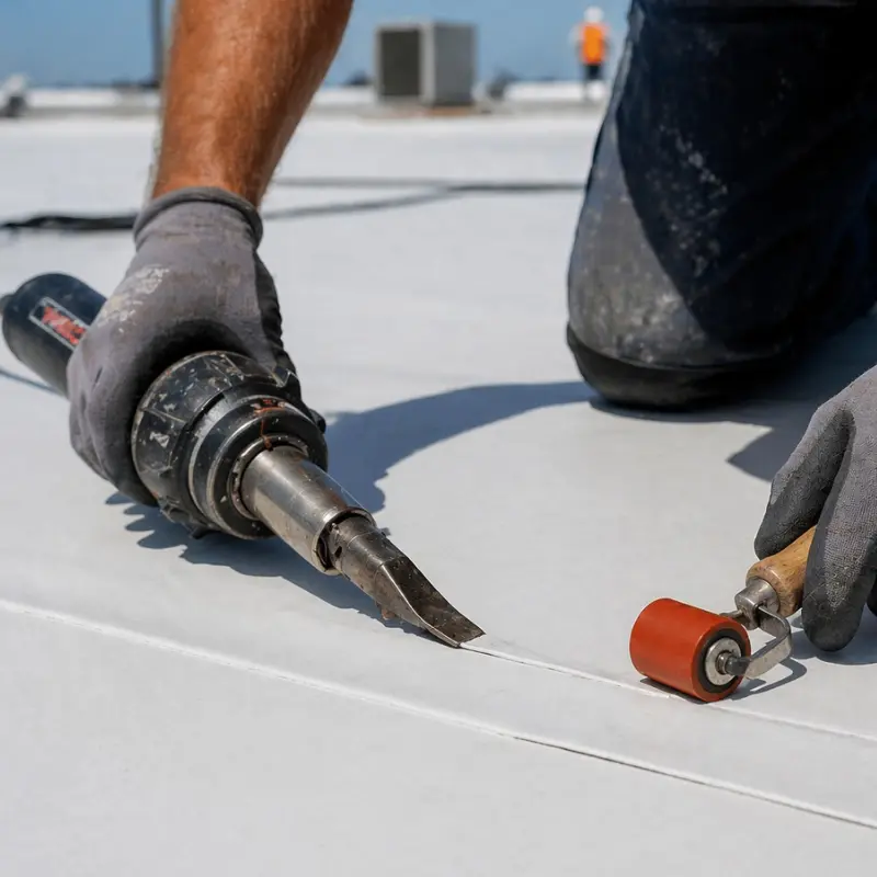 Commercial roof repair in St. Petersburg FL fixing leaks and damaged roofing system on a commercial building