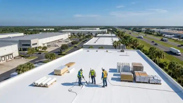 High-angle aerial view of three commercial roofing workers wearing hard hats, high-visibility vests, and safety harnesses installing a white flat TPO roof membrane on a large commercial facility next to a busy highway corridor in Lakeland FL.