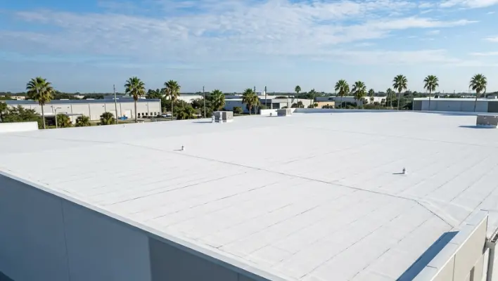 New white roofing system installed on commercial building