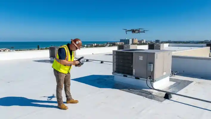 Certified roof inspector using a drone controller to conduct a flat white TPO roof inspection near an HVAC unit on a commercial building in Clearwater FL.