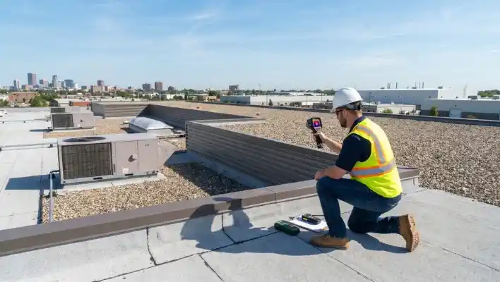 Commercial roof inspector wearing a hard hat and safety vest using a handheld thermal imaging camera to check a flat roof edge for moisture leaks near rooftop HVAC units in Lakeland FL.