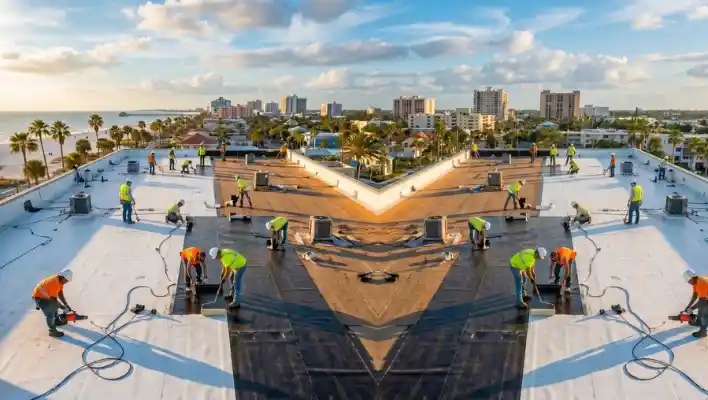 Commercial roofing crew sealing seams, repairing cracks, and detecting leaks on a large coastal flat roof in Clearwater FL.