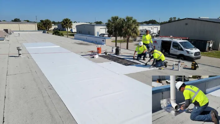 Commercial roofing crew repairing leaks on a flat roof using white membrane patches, with an inset image of a worker sealing flashing around a drainage pipe in Lakeland FL.