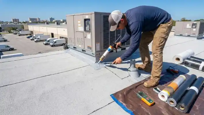 Commercial roofer using a sealant gun to repair and reseal flashing around an HVAC unit on a flat roof in Clearwater FL.