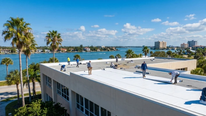 Commercial roofing crew installing a white TPO flat roof membrane on a business building in Clearwater FL.