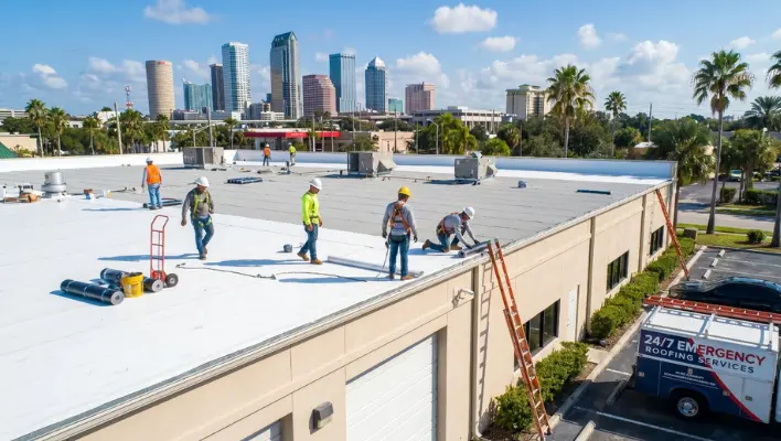 Licensed commercial roofing contractors working on a commercial flat roof across Tampa, Brandon, Clearwater, Lakeland, Riverview, St. Petersburg, and Wesley Chapel FL.