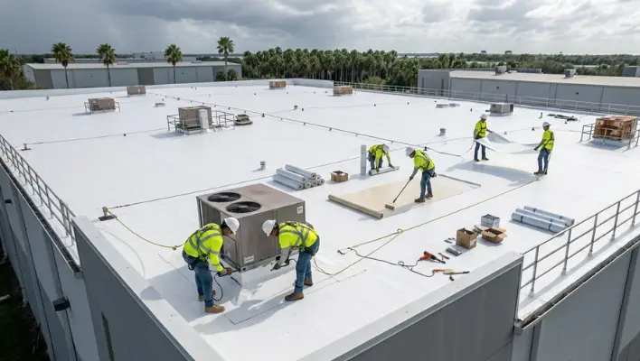 Common commercial roofing problems in Tampa showing roof leaks, storm damage, and aging roofing systems on commercial buildings