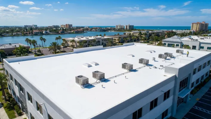 Aerial view of a clean, white commercial flat roof system installed on a waterfront building complex in Clearwater FL.