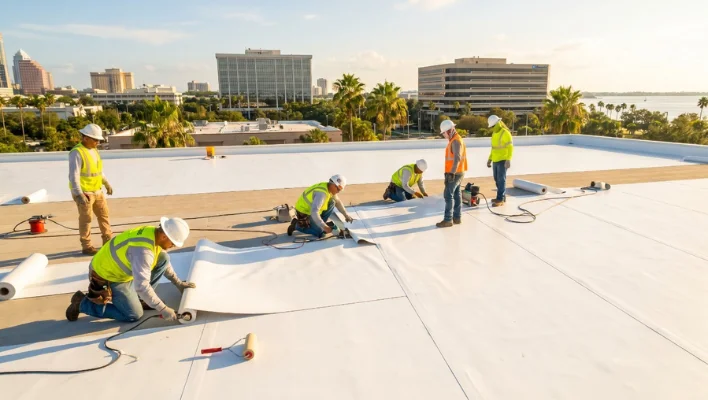 Florida licensed commercial roofing crew wearing hard hats and high visibility safety vests while installing a white TPO flat roof membrane on a building in Tampa FL.