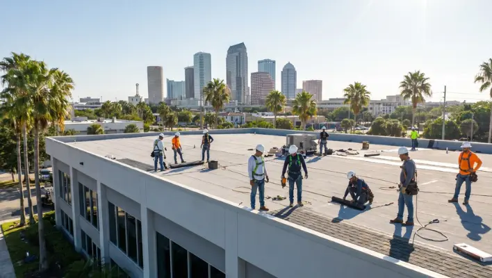 A professional commercial roofing crew working safely on a flat building roof with the Tampa Florida skyline in the background.