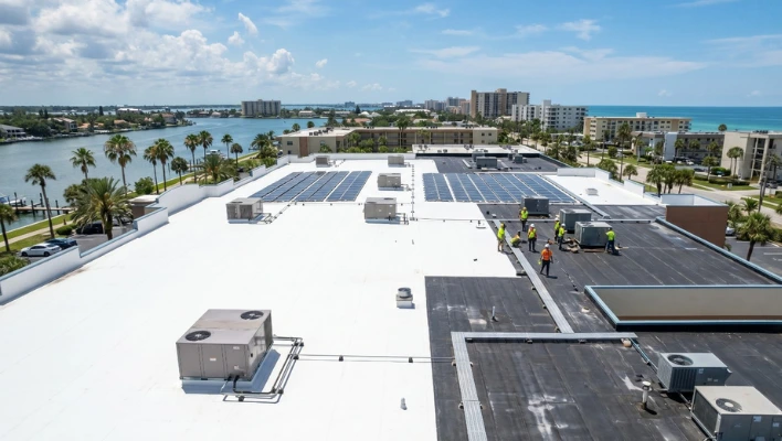 Commercial roofing team inspecting a large flat roof with a white TPO membrane, solar panels, and HVAC units in Clearwater FL.