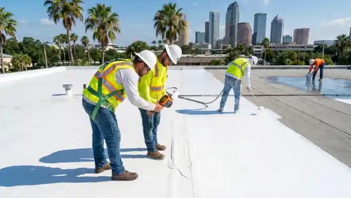 Two commercial roofing inspectors wearing hard hats and safety harnesses using a thermal imaging camera to inspect a flat TPO roof seam while workers apply a white coating with the Tampa skyline in the background.
