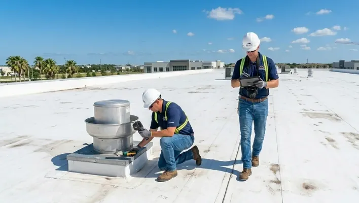 Commercial roofing inspectors in hard hats checking flashings and using a digital tablet for a flat roof condition evaluation report on a warehouse in Riverview, Florida.