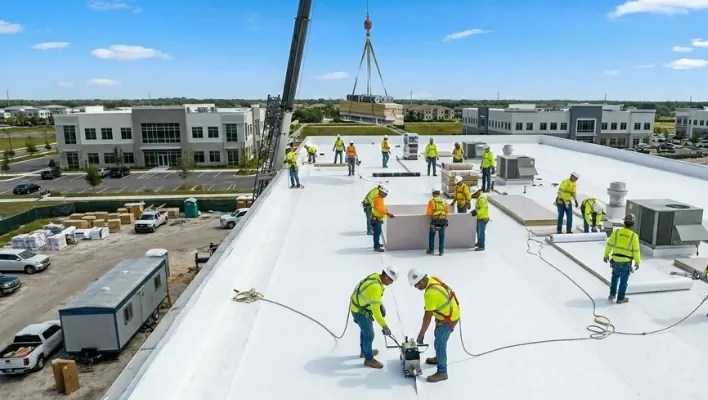 Commercial roofing contractors installing a white TPO flat roof system on a new commercial development construction site in Riverview, Florida.
