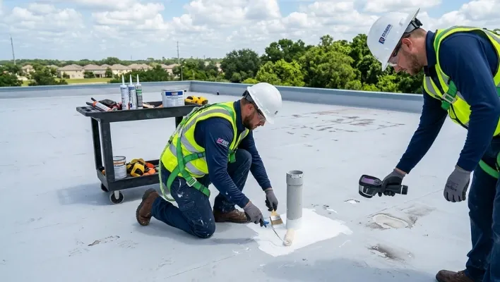 Commercial roofing contractors in safety gear using a thermal leak detection device and sealing a pipe penetration on a white flat roof in Riverview, Florida.