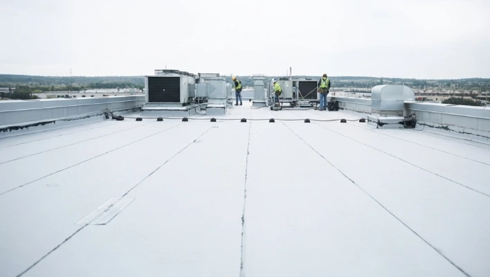 Commercial roofing contractors performing routine preventative maintenance and clearing debris around HVAC units on a white flat roof in Riverview, Florida.