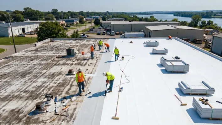 Commercial roofing contractors repairing an old flat roof membrane and sealing a white TPO overlay on an industrial warehouse building in Riverview, Florida.