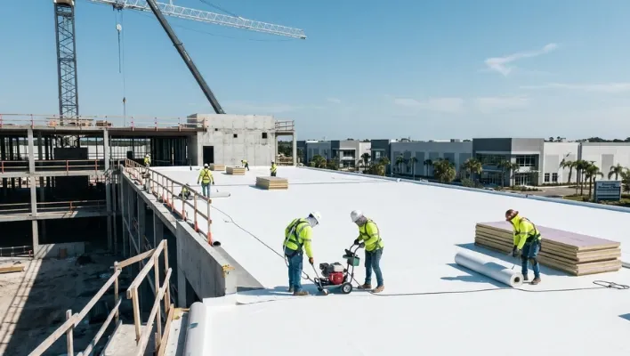 Commercial roofing crew in safety vests using specialized installation tools to roll out and secure a white TPO flat roof replacement system on a large facility in Riverview, Florida.