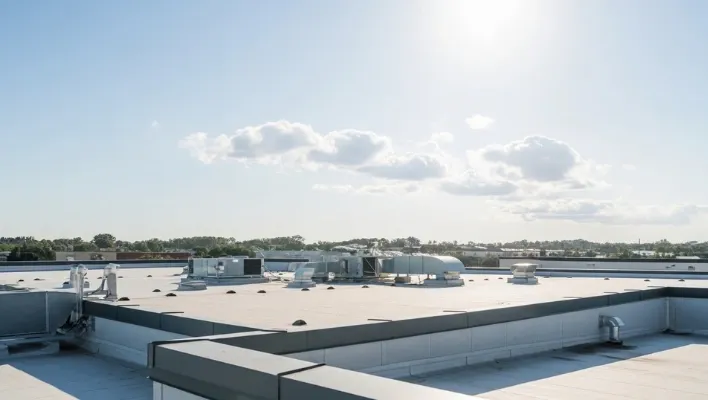 A white commercial flat roofing system with commercial HVAC units under bright, direct sunlight in Riverview, Florida, demonstrating heat reflection and weather resilience.