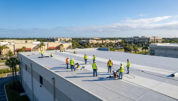 Commercial roofing contractors installing a white TPO flat roof system on an industrial warehouse building in Riverview, Florida.