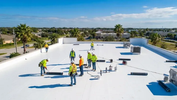 Licensed commercial roofing contractors in safety gear installing a durable white TPO flat roofing system on a facility in Riverview, Florida.