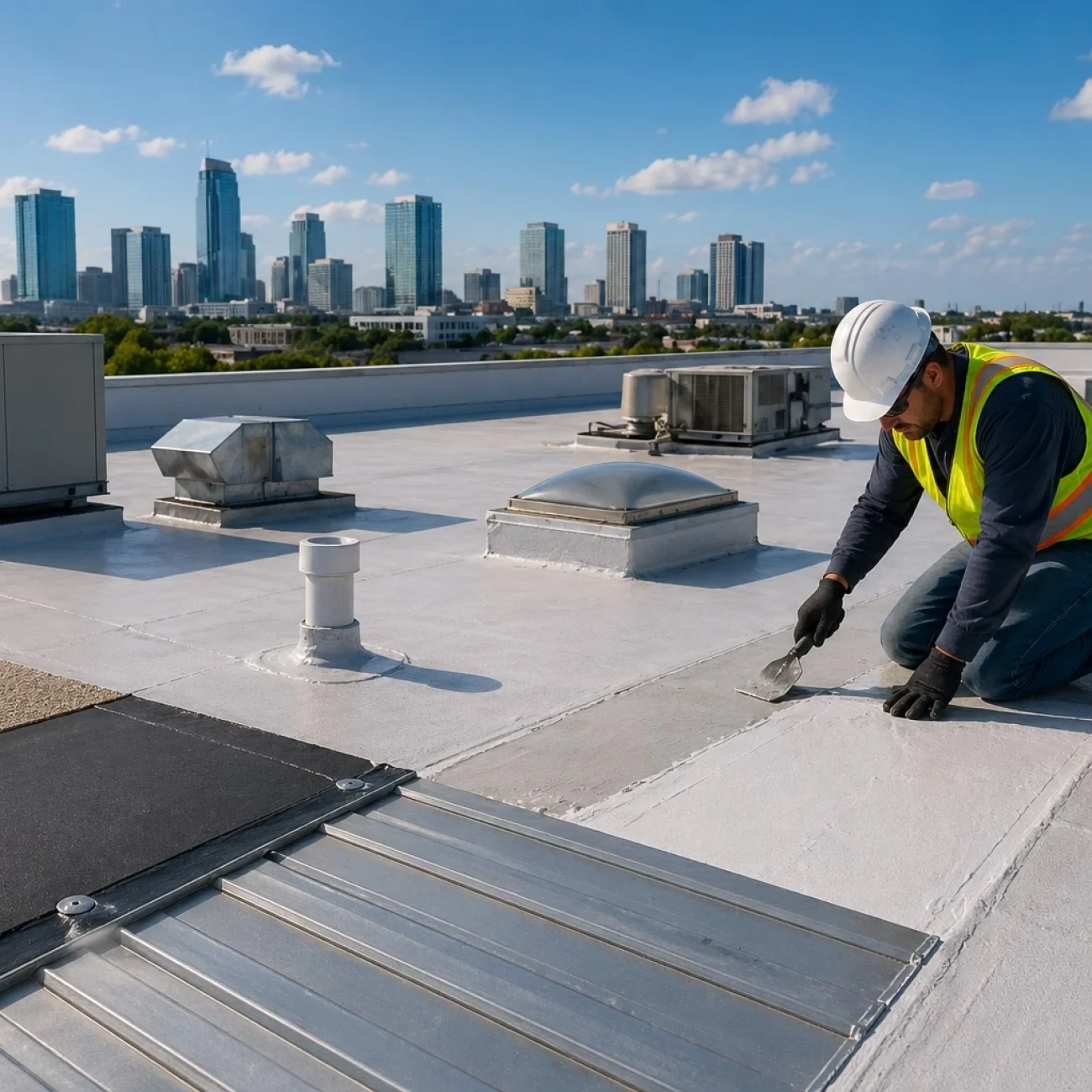 Different types of commercial roofing systems repaired in Tampa FL including TPO, EPDM, metal, and flat roofs